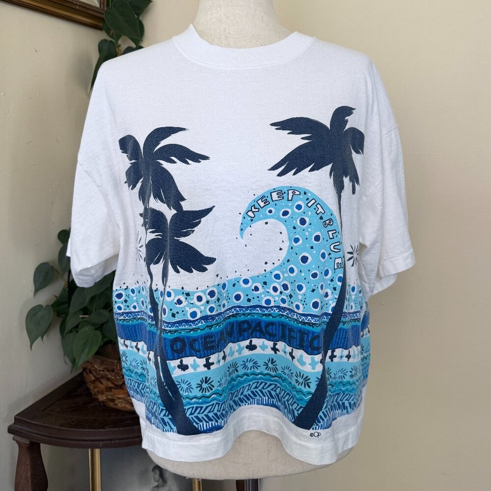 Ocean Pacific Vintage 90s Cropped Blue Wave T-Shirt One Size OS